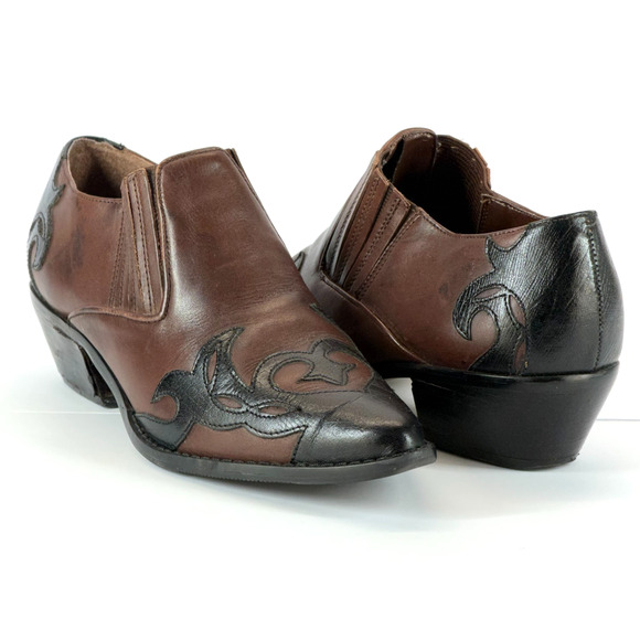 Bianco Shoes - Bianco Ankle Boots Women 7M Brown Cuban Heel Leather Embroidered Western Stitch